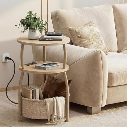 Round Side Table with Charging Station, USB Type C Port, Oak | End Table with Power Outlet,15.75 in Small Round Table with Basket, Space Saving, 3-Tier Small Table for Bedside, Sofa