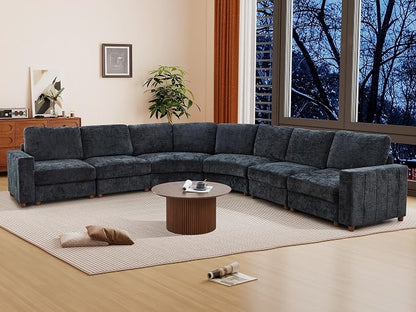 ORRD Oversized Curved Sectional Sofa, Convertible L Shaped Couch with Deep Seat, Boucle Modular Sectional Sofa with Pillows, Curved Chenille Comfy Corner 6 Seat Couch for Living Room, Black Blue
