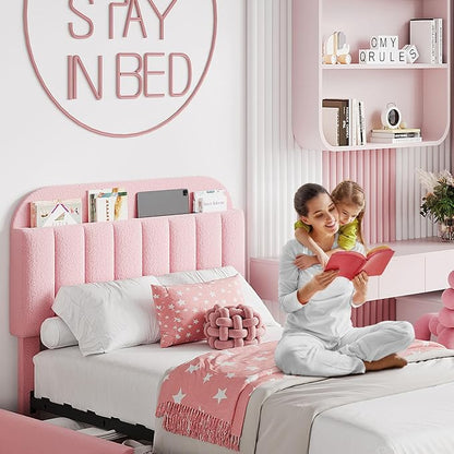 Garvee Twin Size Bed Frame with 2 Flexible Drawers, Boucle Upholstered Platform Bed Frame with Bookcase Headboard, Bedframe for Kids/Girls, Easy Assembly, No Box Spring Needed, Noise Free, Pink