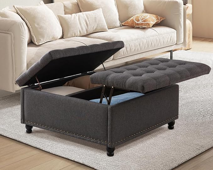 36" Large Square Ottoman with Storage, Tufted Upholstered Storage Ottoman with Lift Top & Solid Legs for Bedroom Room, Extra Large Coffee Tables Bench for Living Room as Footstool (Grey)