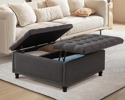 36" Large Square Ottoman with Storage, Tufted Upholstered Storage Ottoman with Lift Top & Solid Legs for Bedroom Room, Extra Large Coffee Tables Bench for Living Room as Footstool (Grey)