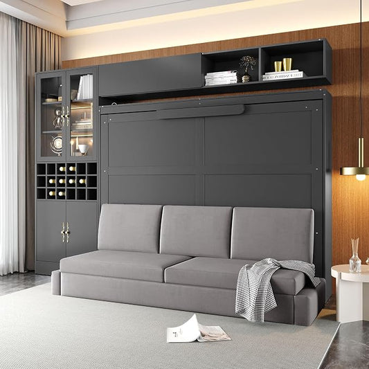 Queen Murphy Bed with Couch, Storage Shelves and USB, Folding Wall Bed | Stores bed and mattress together, with built-in light, 600 lbs capacity and 8-10 in mattress support for small spaces