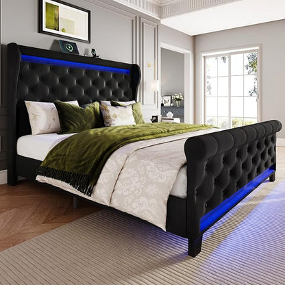 Belffin Queen Size Bed Frame with Headboard,50" Tall Headboard Upholstered Velvet Platform Bed with LED Lights & 2 USB Port/1 Type C Port, Button Tufted, No Box Spring Needed,Noise Free,Black