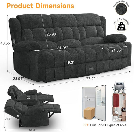 Loveseat Recliner Sofa with Flip Backrest Design, 3 Seat RV Recliner Sofa with USB Ports & Pockets, Wall Hugger Reclining Loveseat with Cup Holders & Drawer, RV Couch for Home Theater Seating