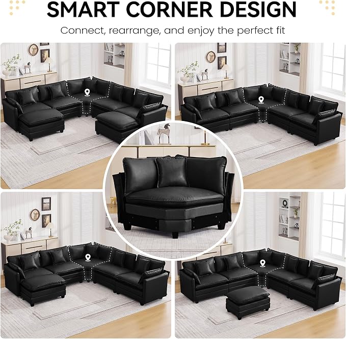 147'' Oversized U Shaped Cloud Sectional Sofa, Leather Deep Seat Couches for Living Room, Comfy Upholstered Modular Sectional Sofa Couch, Leather Black