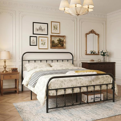 VECELO Black Metal Bed Frame Full Size with Vintage Headboard and Footboard, No Box Spring Needed, Premium Stable Steel Slat Support Mattress Foundation