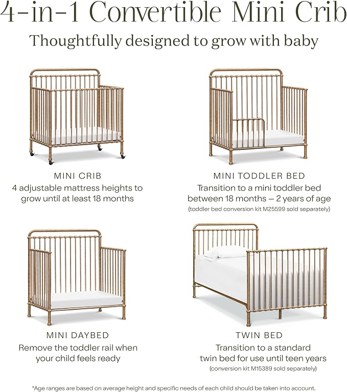Namesake Winston 4-in-1 Convertible Mini Crib w/Wheels Durable Metal | GREENGUARD Gold Certified - Portable, Metal Baby Crib w/ Removable Wheels - Converts to Toddler Bed, Daybed & Twin Size Bed