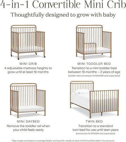 Namesake Winston 4-in-1 Convertible Mini Crib w/Wheels Durable Metal | GREENGUARD Gold Certified - Portable, Metal Baby Crib w/ Removable Wheels - Converts to Toddler Bed, Daybed & Twin Size Bed