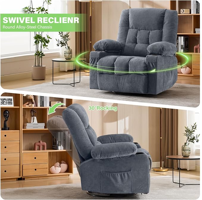 BOSMILLER 360° Swivel Rocker Recliner Chair for Adults,Oversized Recliner Chair with Massage and Heating, Manual Nursery Glider Recliner with Cup Holder and Side Pocket for Living Room, Bedroom