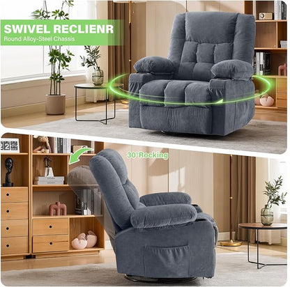 BOSMILLER 360° Swivel Rocker Recliner Chair for Adults,Oversized Recliner Chair with Massage and Heating, Manual Nursery Glider Recliner with Cup Holder and Side Pocket for Living Room, Bedroom