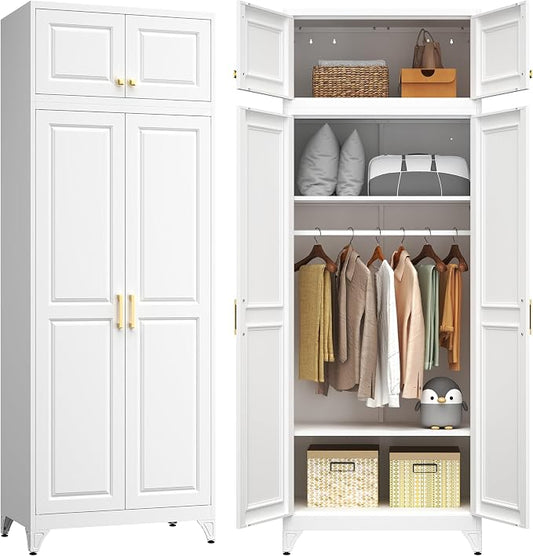 Metal Armoire Wardrobe Closet with Doors, 86" Tall Wardrobe Cabinet, White Clothing Storage Cabinets with Adjustable Shelves for Bedroom, Home Office