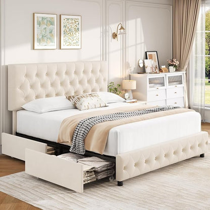 Keyluv King Size Upholstered Platform Bed Frame with 4 Storage Drawers, Modern Beige Velvet Bed with Adjustable Button Tufted Headboard, Solid Wooden Slat Support, Easy Assembly