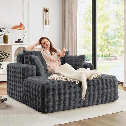 JEEOHEY 56" W Oversized Chaise Lounge Chair Indoor,Plush Faux Fur Sleeper Couch Sofa Bed with Pillows,Fluffy Comfy Cloud Sofa,Compression Foam Boneless Couch for Living Room,Bedroom(Bubble, Grey)