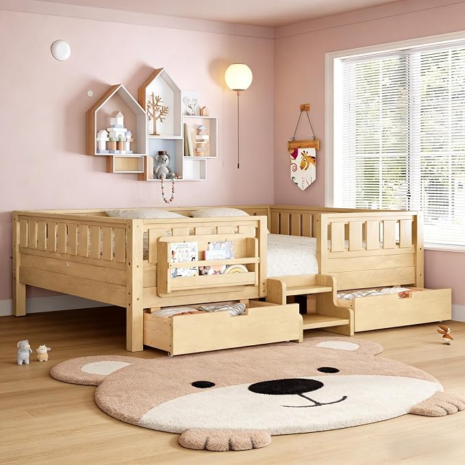 Queen Platform Bed with Drawers and Bookshelves, Kids Platform Bed Frame with Low-profile Stairs and Full-length Guardrails, Queen Bed Frame for Boys, Girls, No Box Spring Needed, Light Nature