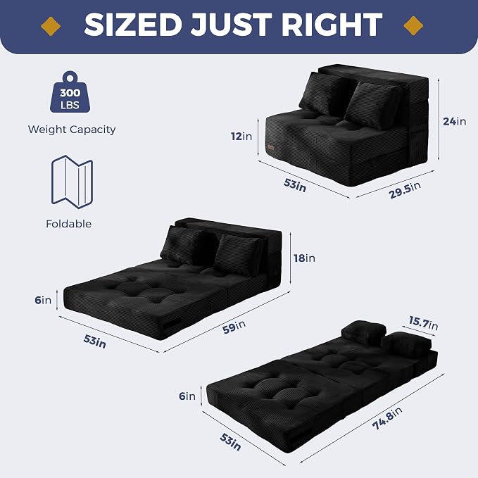 MAXYOYO Convertible Sofa Bed, Fold Out Sofa Couch with Pillow, 4 in 1 Tufted Folding Couch Bed Foam Floor Couch, Lazy Chair for Living Room Bedroom Guest Room, Black