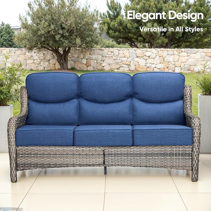 Luxury Patio Sofa 3-Seat Wicker Couch with 6" Thick Cushion - Outdoor Furniture Rattan Sofa with Deep Seating High Back Outdoor Sofa for Patio Garden Balcony Sunroom Backyard, Grey | Blue