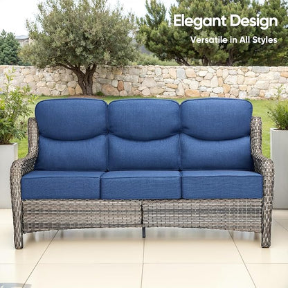 Luxury Patio Sofa 3-Seat Wicker Couch with 6" Thick Cushion - Outdoor Furniture Rattan Sofa with Deep Seating High Back Outdoor Sofa for Patio Garden Balcony Sunroom Backyard, Grey | Blue