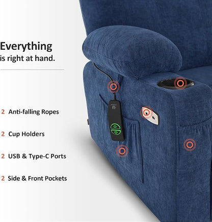 MCombo Power Lift Recliner Chair for Elderly, Lift Chair with Heat and Massage, USB&Type C Ports, Extended Footrest, Cup Holders, Fabric 7040 (Medium, Admiral)
