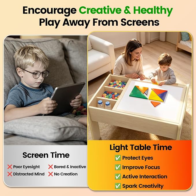 Light Table for Kids, 3-in-1 Kids Activity Table with Storage and Adjustable LED Lights, 3 Colors & 10 Dimmable Brightness, for Home Classroom Preschool & Playroom