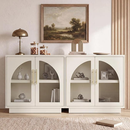 Fatmok Arched Glass Sideboard Buffet Accent Cabinet, 31.5" Display Credenza with Adjustable Shelf,2-Piece Modular Coffee Station Storage for Kitchen Living Room Bedroom, Beige(Not White)