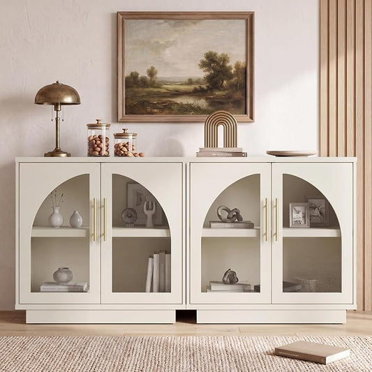 Fatmok Arched Glass Sideboard Buffet Accent Cabinet, 31.5" Display Credenza with Adjustable Shelf,2-Piece Modular Coffee Station Storage for Kitchen Living Room Bedroom, Beige(Not White)