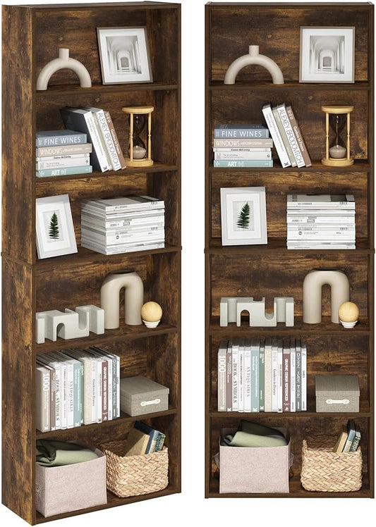 Furinno Jaya Book Shelf Set of 2, 6-Tier Bookshelf, Bookcase, 9.5 x 24.6 x 71, for Home Office, Living Room, Amber Pine