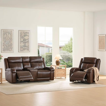 Watson & Whitely Genuine Leather Power Loveseat Recliner Sofa, Wall Hugger Loveseat Reclining Sofa with Storage Console, Power Headrest, Cup Holders, Dual Recliners for Living Room, RV, Dark Brown