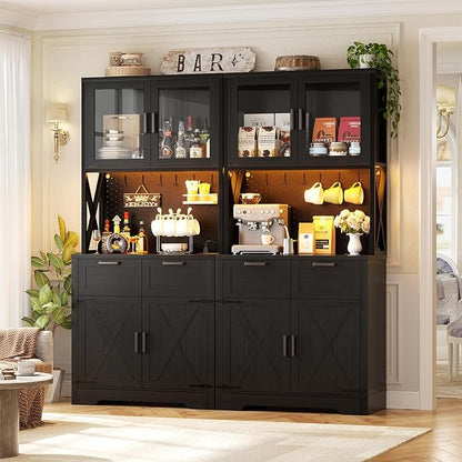 Unikito 71" Pantry Cabinet with LED Light & Outlet, Tall Kitchen Pantry Storage Cabinet with Microwave Stand, DIY Pegboard, Drawers and Adjustable shelf, Farmhouse Kitchen Hutch for Dining Room, Black