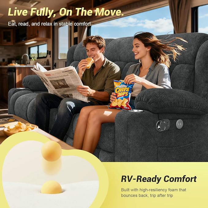 RV Loveseat Recliner Sofa, 3 Seater Reclining Sofa with Flip Back Console, Modern Reclining Couch with USB Ports, Cup Holders, Insert Pockets, RV Recliners for Travel Trailers & Living Room