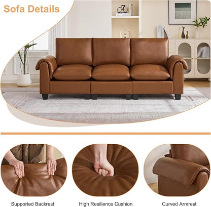 96" Faux Leather Modular Sectional Upholstered Sofa, Oversized 3 Seater Couch with Curved Armrests, Cloud Modern Upholstered Deep Seat Sofa for Living Room, Brown