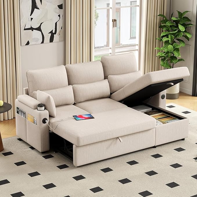 81" L-Shaped Sectional Sofa with Storage, Reversible Sleeper Sofa Couch with Chaise, Soft Fabric Upholstered Modular Couch with Cup Holder & Side Pockets, 1000lbs Capacity for Living Room