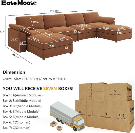 EASE MOOSE U Shape Sectional Modular Sofa,Comfortable Modern Oversized Sectional Modular Cloud Couch Deep Modular Sofa,Brown