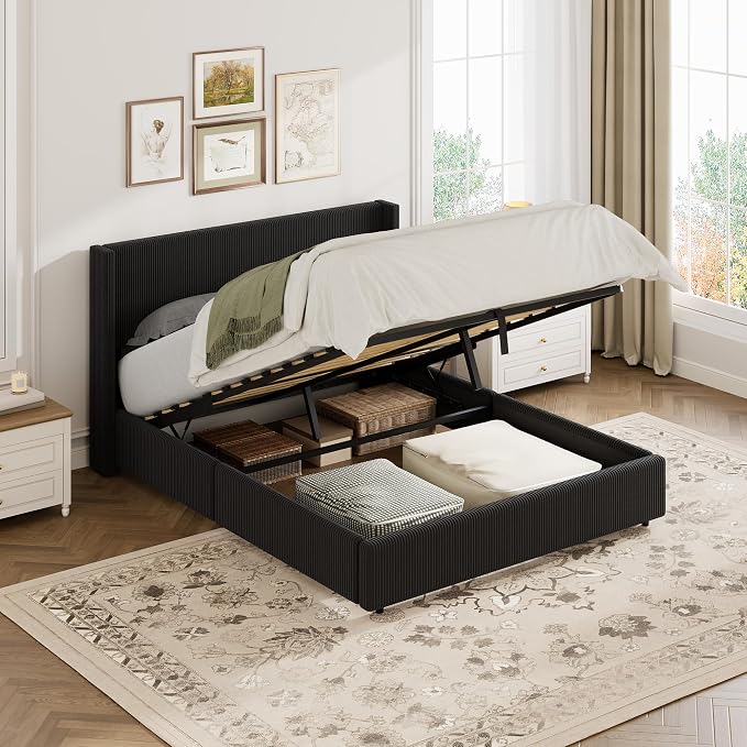 Garvee Queen Lift Up Storage Bed Frame, Corduroy Upholstered Platform Bed with Gas Lift, Padded Headboard, Wooden Slat Support, No Box Spring Needed, Easy Assembly, Black