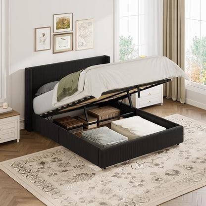 Garvee Queen Lift Up Storage Bed Frame, Corduroy Upholstered Platform Bed with Gas Lift, Padded Headboard, Wooden Slat Support, No Box Spring Needed, Easy Assembly, Black