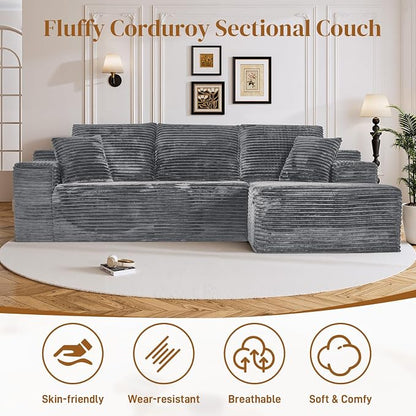 108" L Shaped Boneless Sectional Couches for Living Room, Comfy Corduroy Floor Cloud Sofa with Chaise, Wide Armrest, Deep Seat, Memory Foam, Assembly Free, Ideal for Small Spaces, Grey