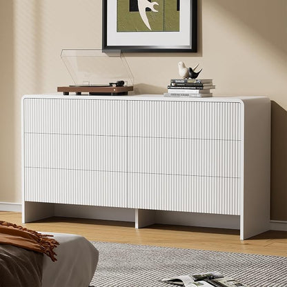 Furniway Bedroom Dresser Set 3 Piece, 6 Drawer Curved Dresser with 2 Nightstands, Modern Fluted Wood Storage Cabinet, White Chest of Drawers with Pop-Up Design, White