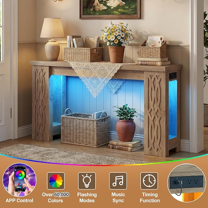 Cyclysio 47" Console Table with Outlet, Farmhouse Entryway Table with Colorful LED Lights, Wooden Sofa Table with Unique Carved Design, Foyer Accent Table for Entrance, Hallway, Living Room Natural