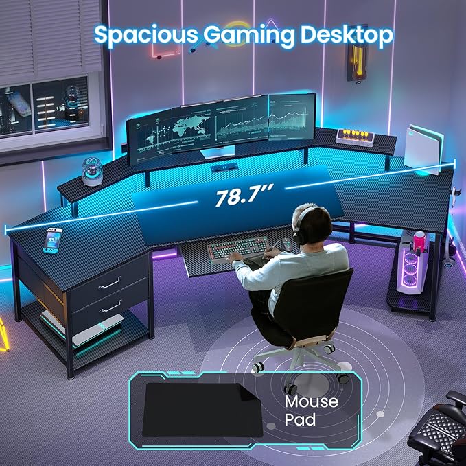 Itaar 79" Gaming Desk with 2 Fabric Drawers, Long Computer Desk with Power Strip & LED Lights, U Shaped Desks with Storage and Cup Holder, Large Gaming Table for Bedroom, Carbon Fiber Black
