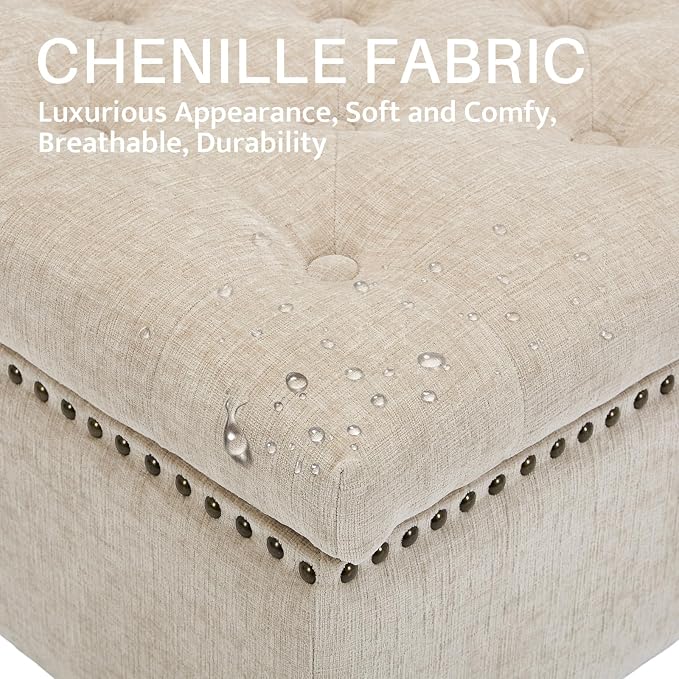Large Square Storage Ottoman Uphlostered Tufted Button Coffee Table, Oversized Footrest Bench with Castered Rolling Wheels for Living Room, Light Brown Chenille Waterproof