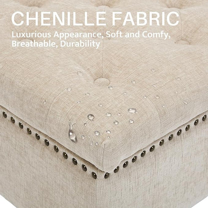Large Square Storage Ottoman Uphlostered Tufted Button Coffee Table, Oversized Footrest Bench with Castered Rolling Wheels for Living Room, Light Brown Chenille Waterproof