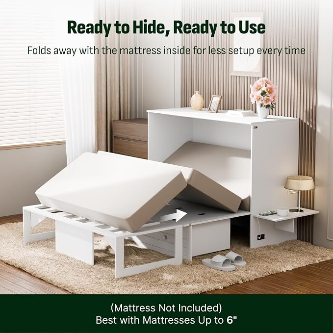 Softa Murphy Bed Full with Drawer, 1200Lb Support, Fold-Down Side Table & Charging Station, Mattress Storage Space, No Box Spring Needed, Space Saving Murphy Bed Cabinet for Guest Room & Home Office