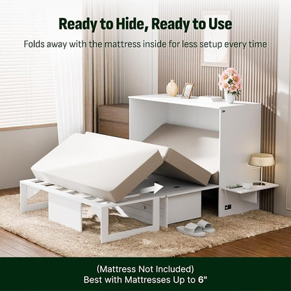 Softa Murphy Bed Full with Drawer, 1200Lb Support, Fold-Down Side Table & Charging Station, Mattress Storage Space, No Box Spring Needed, Space Saving Murphy Bed Cabinet for Guest Room & Home Office
