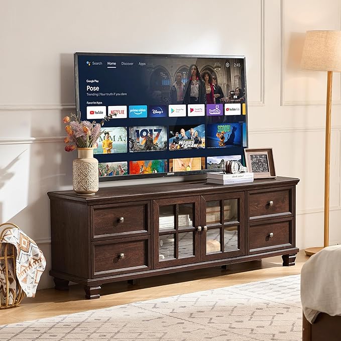 SAVOR LIFE Farmhouse TV Stands for Living Room, Brown Entertainment Center with Storage, Wood TV Console with 4 Drawers, Rustic TV Cabinet for 65 inch TV, Walnut