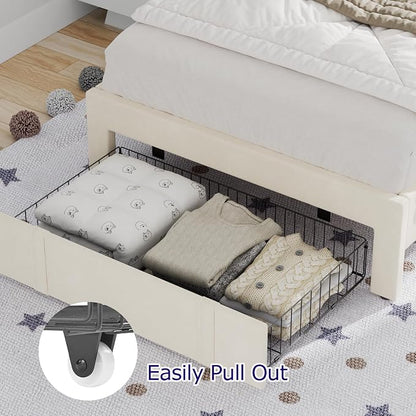 VECELO Twin Bed Frame with Storage Drawer, Heavy-Duty Platform Bedframe with Headboard & Strong Wooden Slats Support, No Boxing Spring Needed, Pala Beige