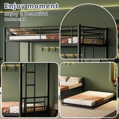Twin Over Twin Bunk Bed Frame with Trundle,Metal Bunk Bed Bedframe with Guard Rail and Ladders for Adults,Can be Divided into 3 Beds, No Box Spring Needed,Space Saving Design