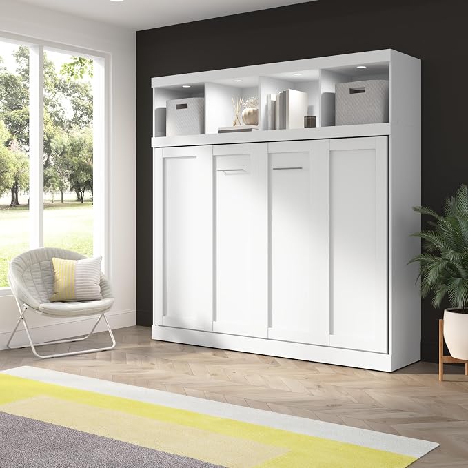 Bestar Queen Size Horizontal Murphy Bed with Storage and Charging Station, 80-inch, for Bedroom or Guestroom, Pur Collection, Modern, White