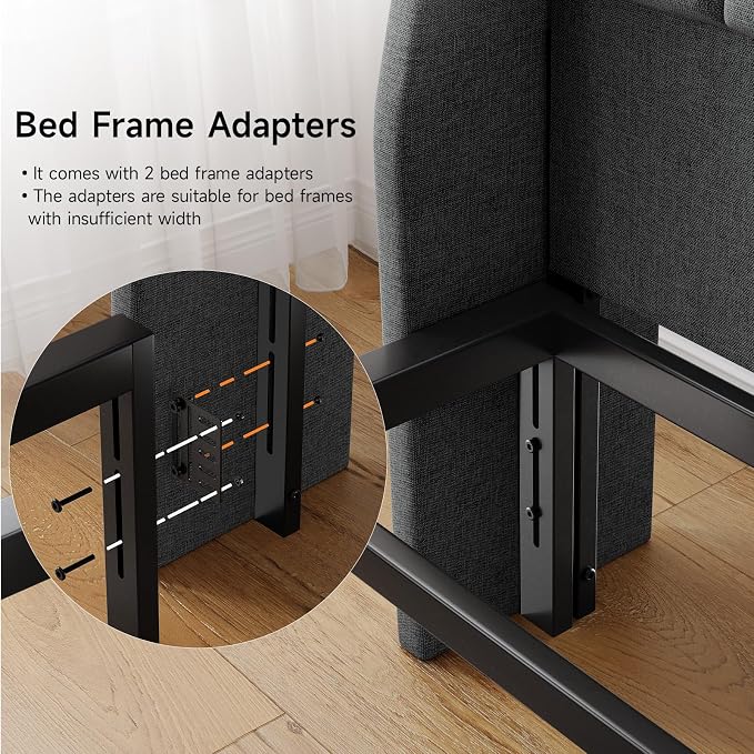 Ergonomic Upholstered Headboard Full Size w/Charging Station, Linen Wingback Headboards w/Storage Pocket, Full Headboard Only, Bed Frame Adapters, Sturdy Stable Solid Wood Bed Head Board, Dark Grey