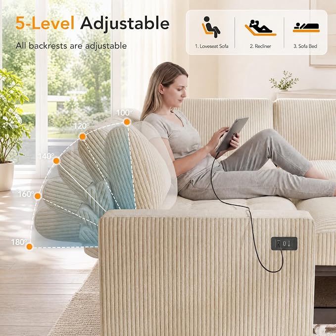 Sunny Heart Modular Sectional Sleeper Sofa with Pull Out Bed, Corduroy L Shaped Sectional Sofa with USB Ports/Adjustable Backrest/Storage Seats, Tool-Free Assembly, Couches for Living Room Beige