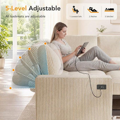 Sunny Heart Modular Sectional Sleeper Sofa with Pull Out Bed, Corduroy L Shaped Sectional Sofa with USB Ports/Adjustable Backrest/Storage Seats, Tool-Free Assembly, Couches for Living Room Beige