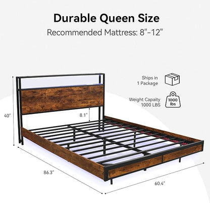 BedsPick Queen Bed Frame with 2-Tier Storage Headboard, Metal Platform Bed Frame Queen Size with Smart LED Lights & USB Charging Station, Noise-Free/Metal Support/No Box Spring Needed, Brown